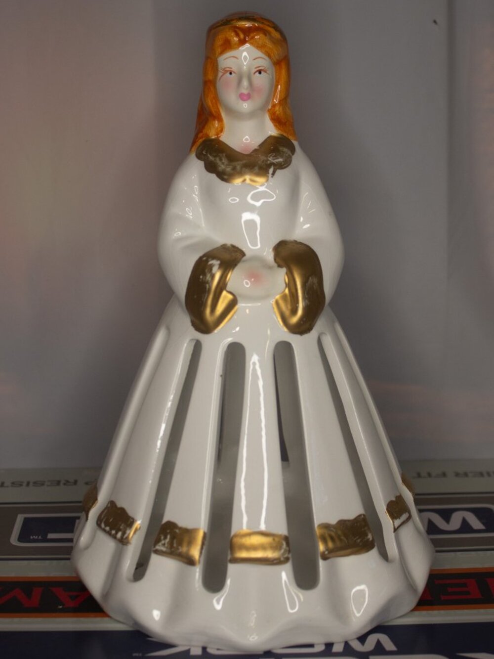 Vintage Bandwagon Angel Figurine – Cutout Dress, White & Gold